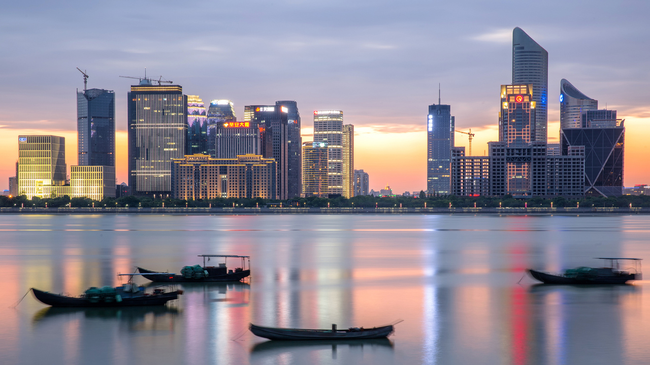 Fishing boats floating on Qiantang River